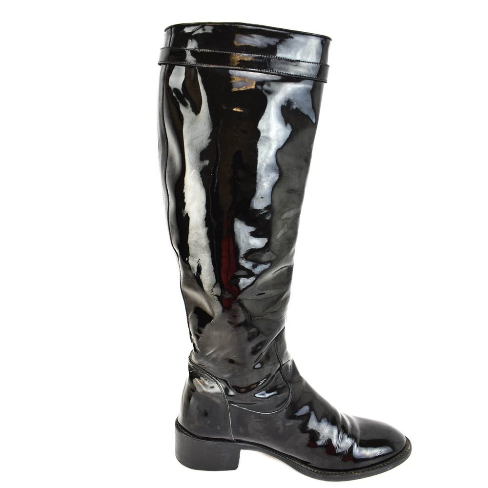FENDI: Black, Patent Leather & Logo Tall Boots - Picture 6 of 11
